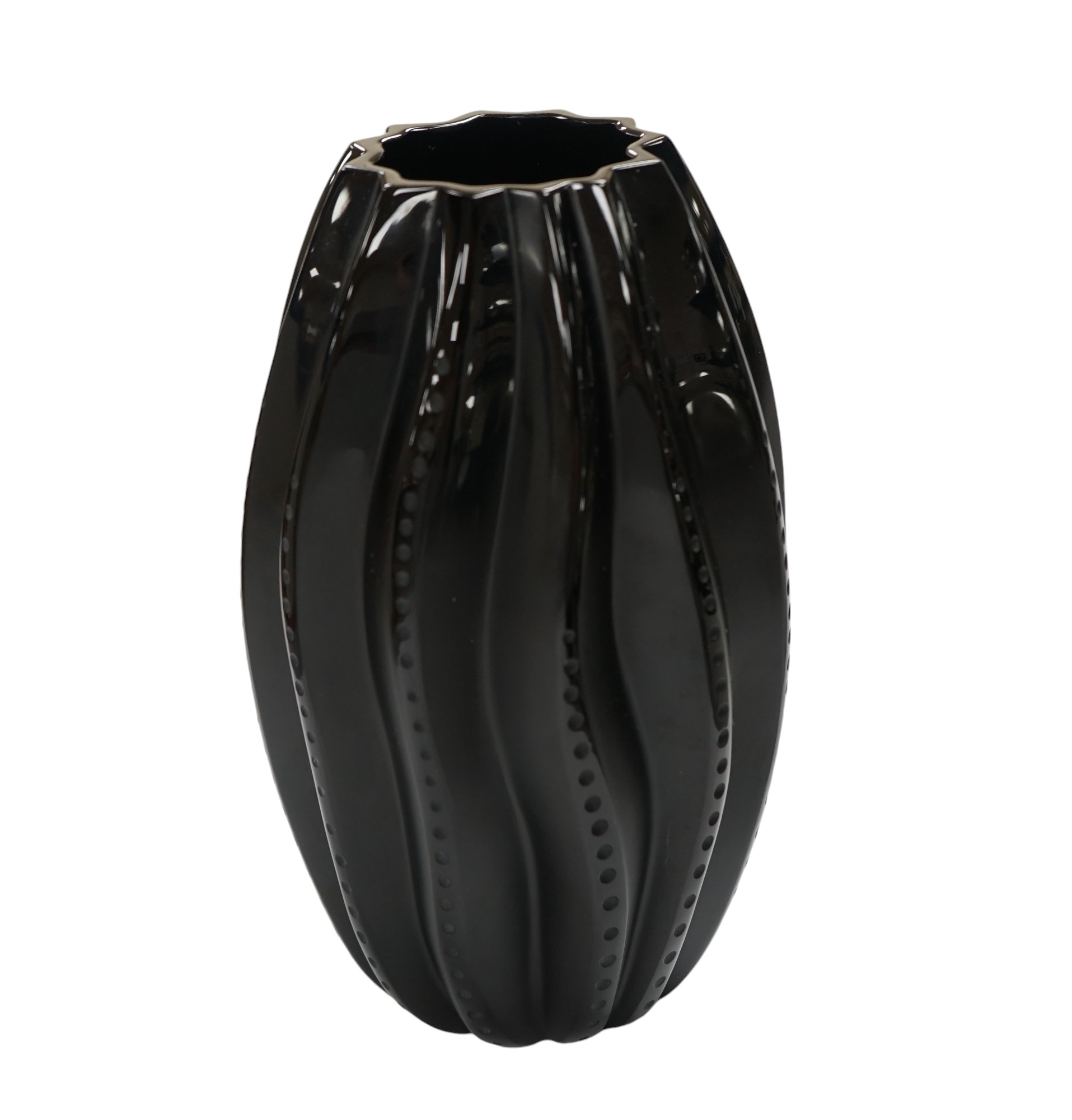 A boxed Lalique Medusa vase, Black Collection, with documents, vase 19cm high. Condition - good